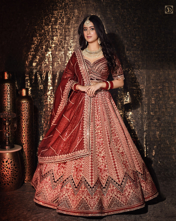 Red+Maroon Raw Silk Lehenga set (DK-32)
