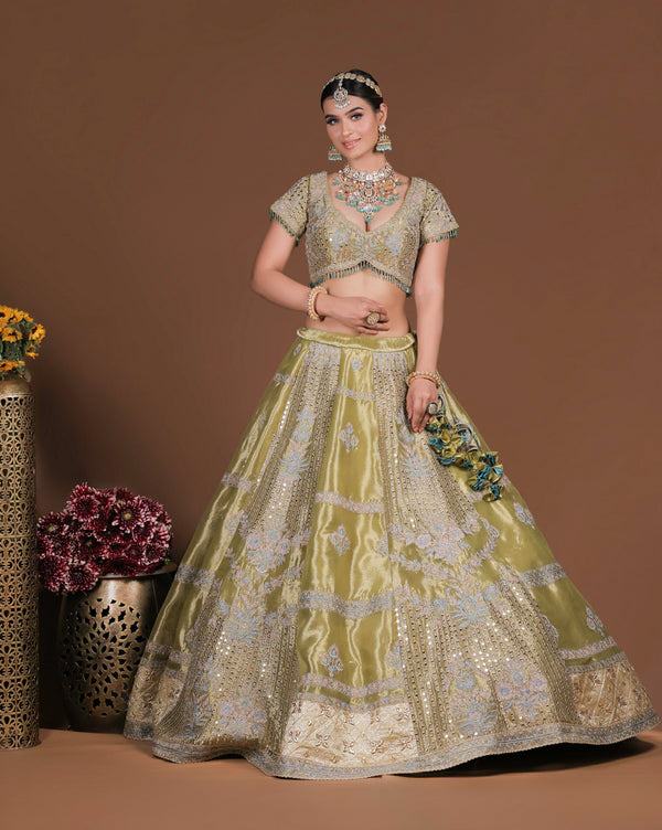Green Mirror work Tissue Organza Lehenga set (G 15)