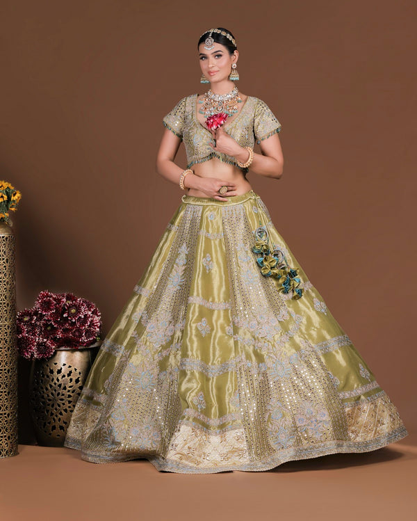 Green Mirror work Tissue Organza Lehenga set (G 15)