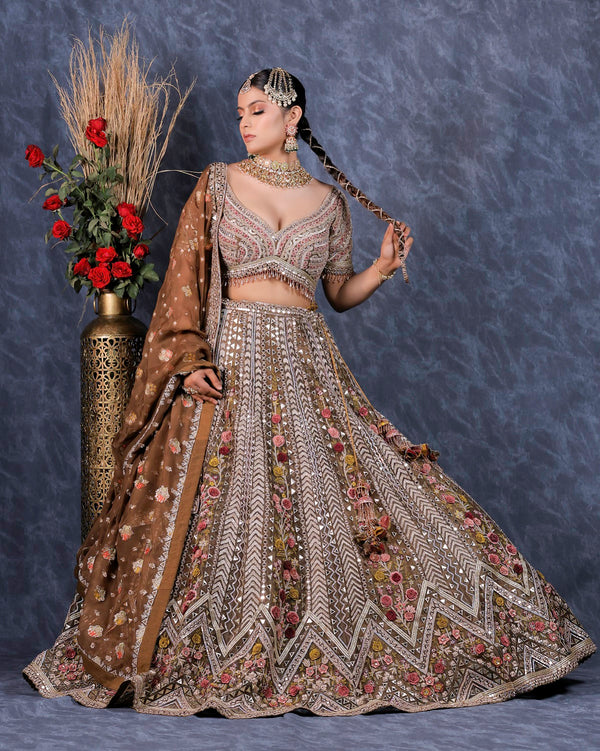 Mehendi Brown 3D Floral Lehenga set( G-25)
