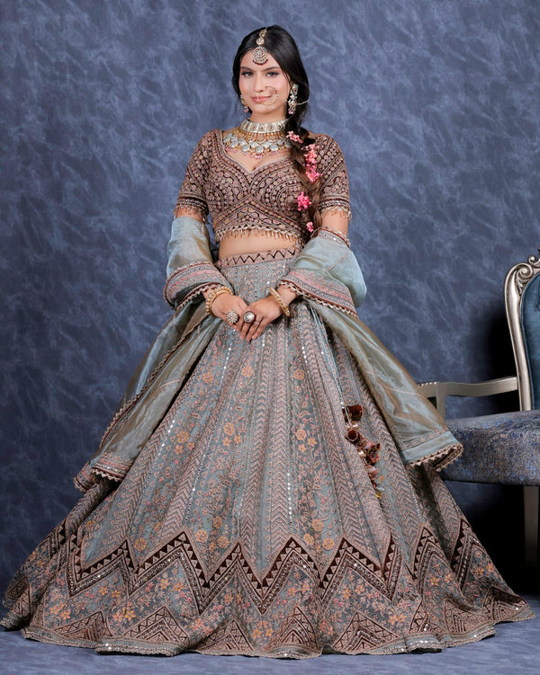 Sea Green+Brown Velvet Patch Lehenga Set (DK-32)