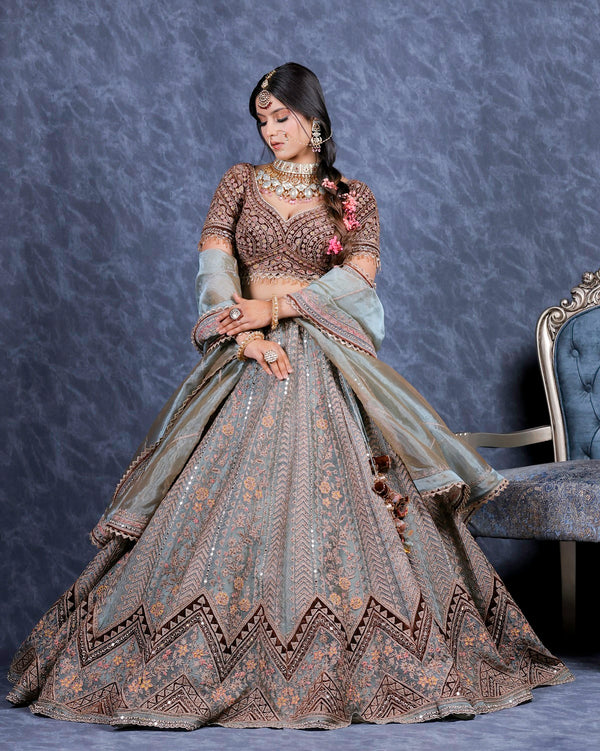 Sea Green+Brown Velvet Patch Lehenga Set (DK-32)
