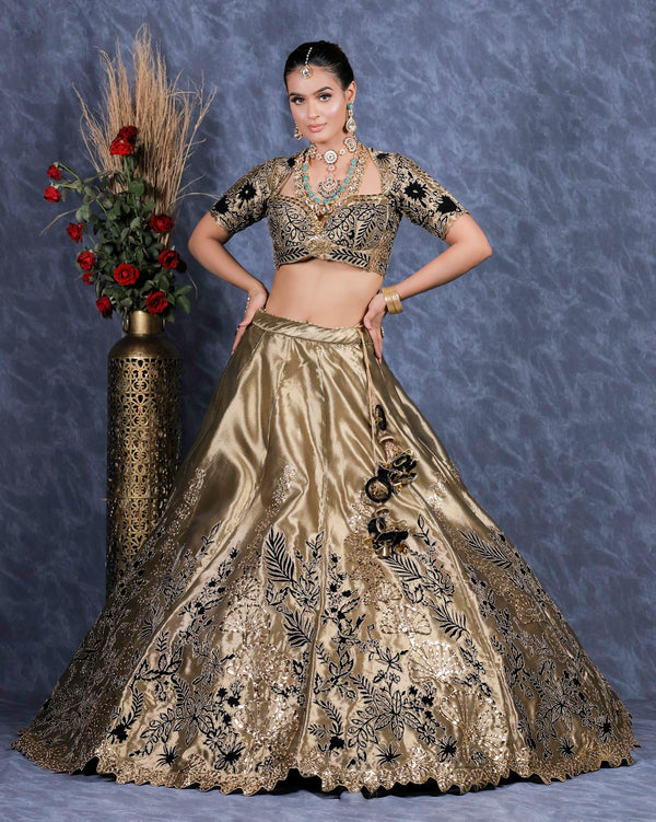 Mehendi Brown Velvet Applique Lehenga Set (DK-26)