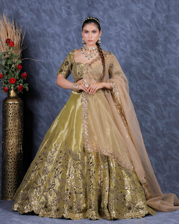 Mehendi Green Velvet Applique Lehenga Set DK26