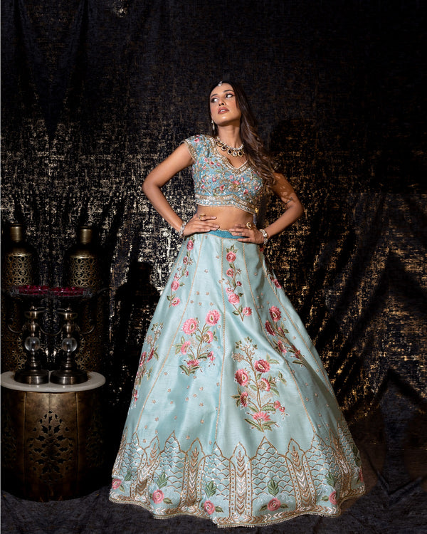 Sea Blue Silk Lehenga Set (G-06)