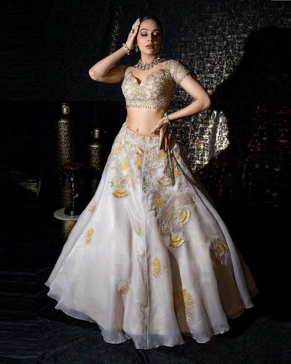 Grey Foil Organza patchwork Lehenga set (S06)