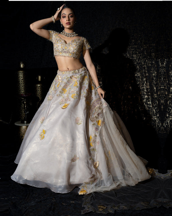 Grey Foil Organza patchwork Lehenga set (S06)
