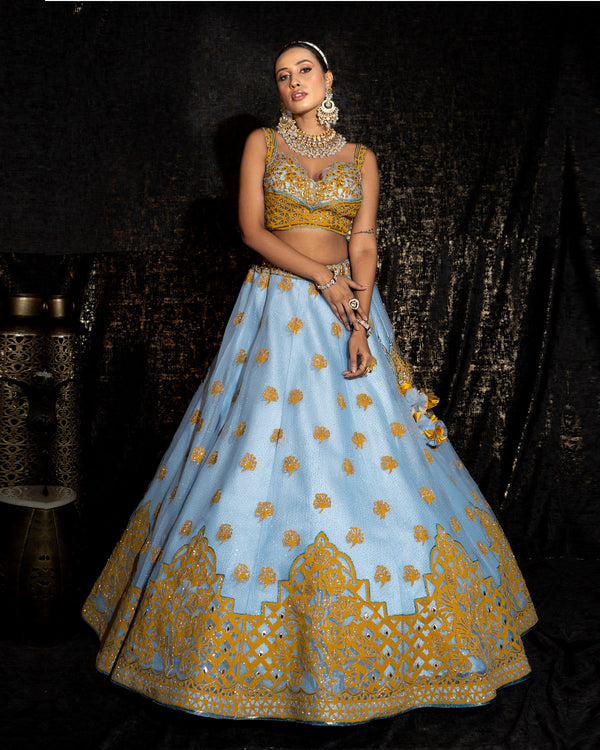 Sky Blue Velvet Applique Lehenga Set (DK-11)