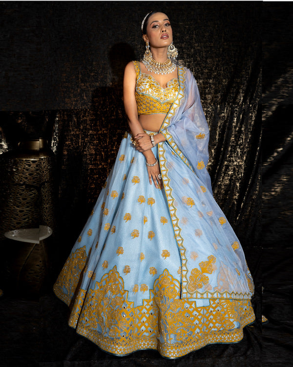 Sky Blue Velvet Applique Lehenga Set (DK-11)