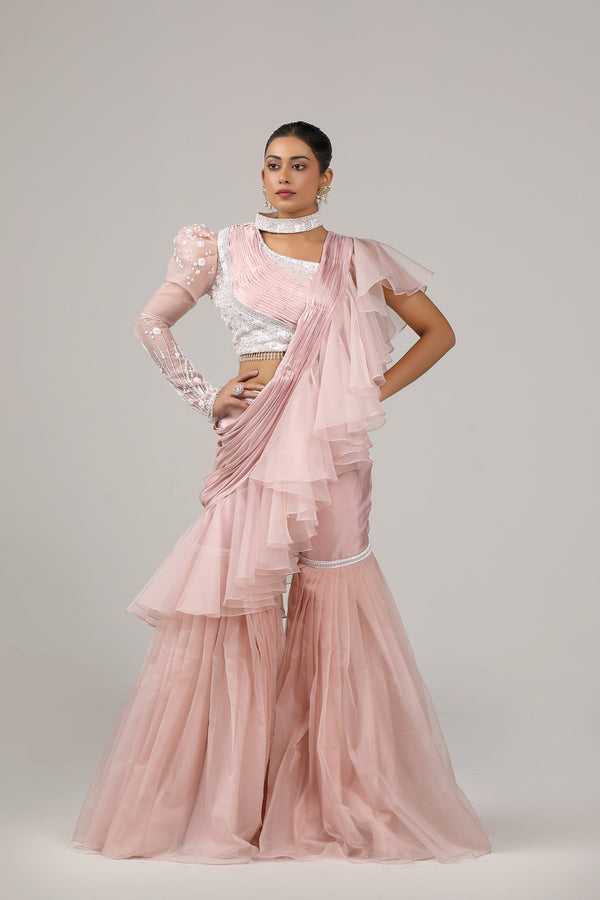 One hand power shoulder blouse and a garara paired with a ruffle dupatta(G-39)