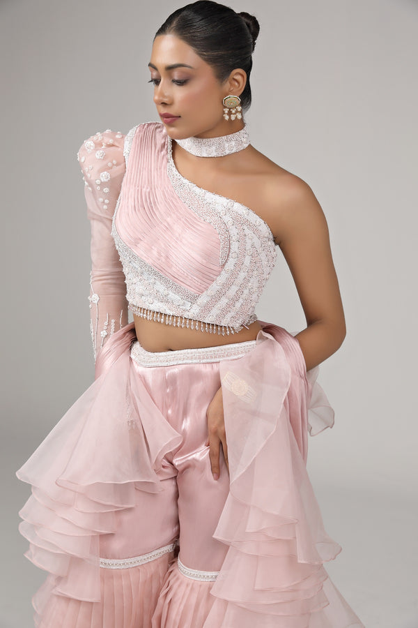 One hand power shoulder blouse and a garara paired with a ruffle dupatta(G-39)
