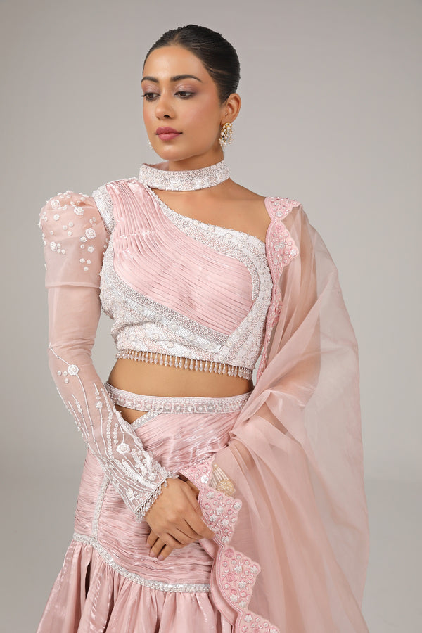 One side power shoulder blouse and a hip yoke rouching slit skirt(G-39)