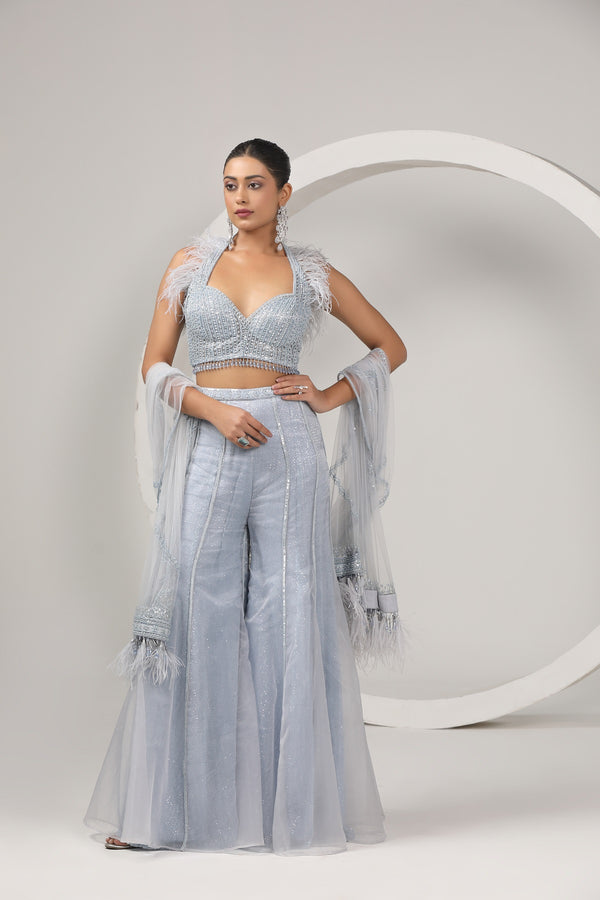Hand embroidered haltered neck choli and a sharara paired with a duppata(G-46)