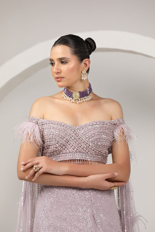 Dazzling layered skirt paired with long sleeves hand embroidered choli.(G-52)