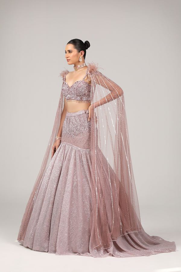 Fish cut skirt with hand embroidered hip yoke and a trail(G-54)