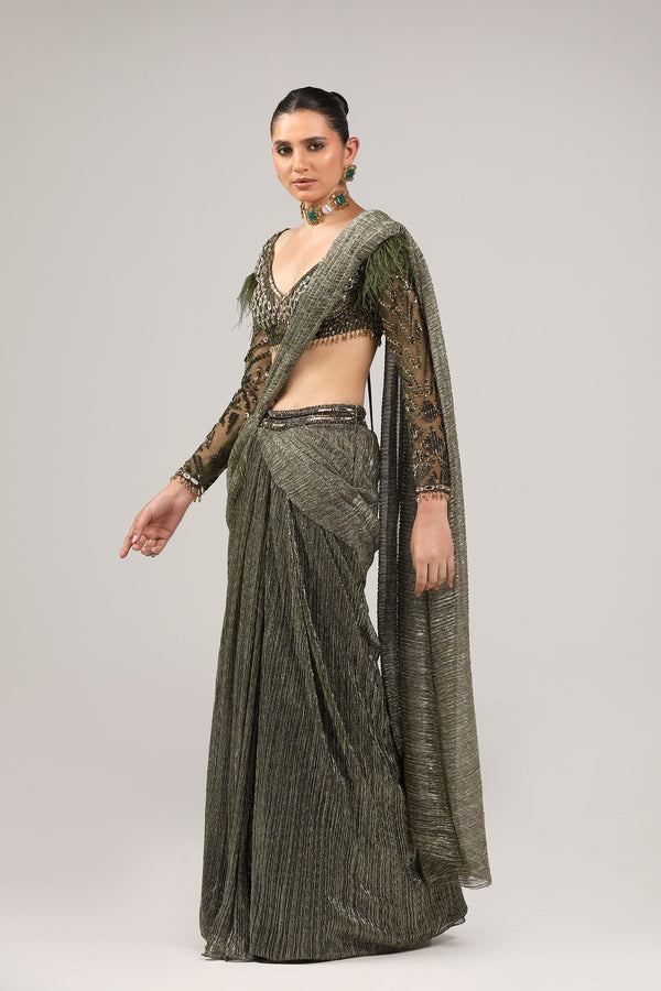 Drape saree with a full sleeves hand embroidered choli (G-55)