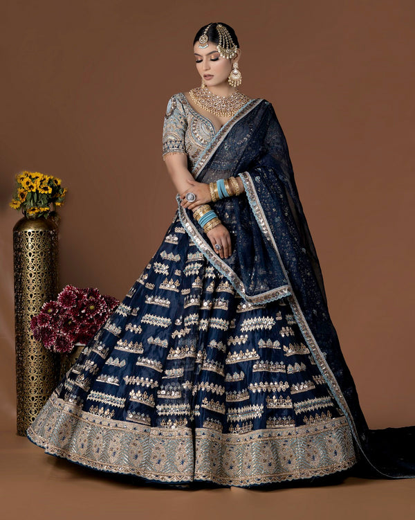 Navy Blue Organza+Velvet Lehenga Set (G-11)